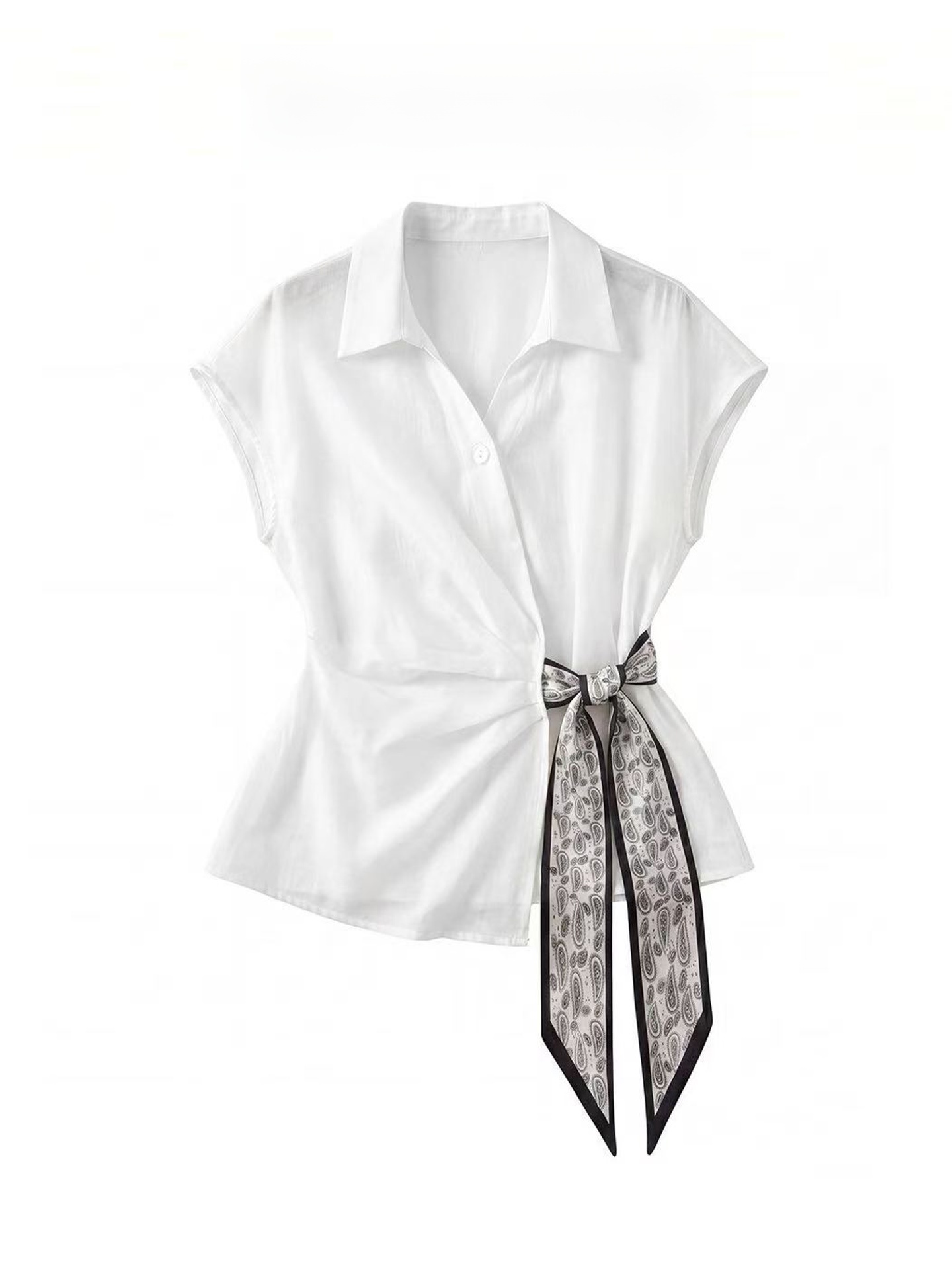 Corset Waist Cinch - Kemeja Putih Elegan Lengan Pendek Wanita,